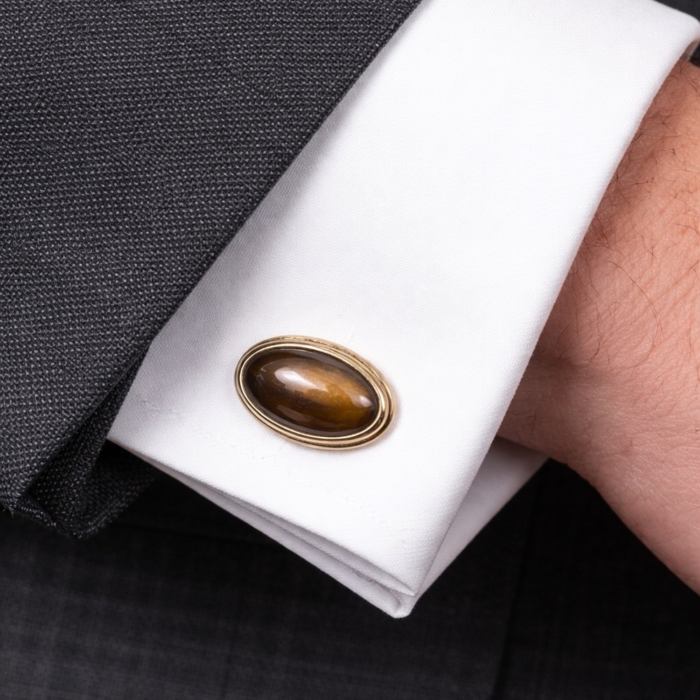 Vintage Krementz Tiger’s Eye Cufflinks– Pre-Patent 1930s • Gold Tone • Oval Dome